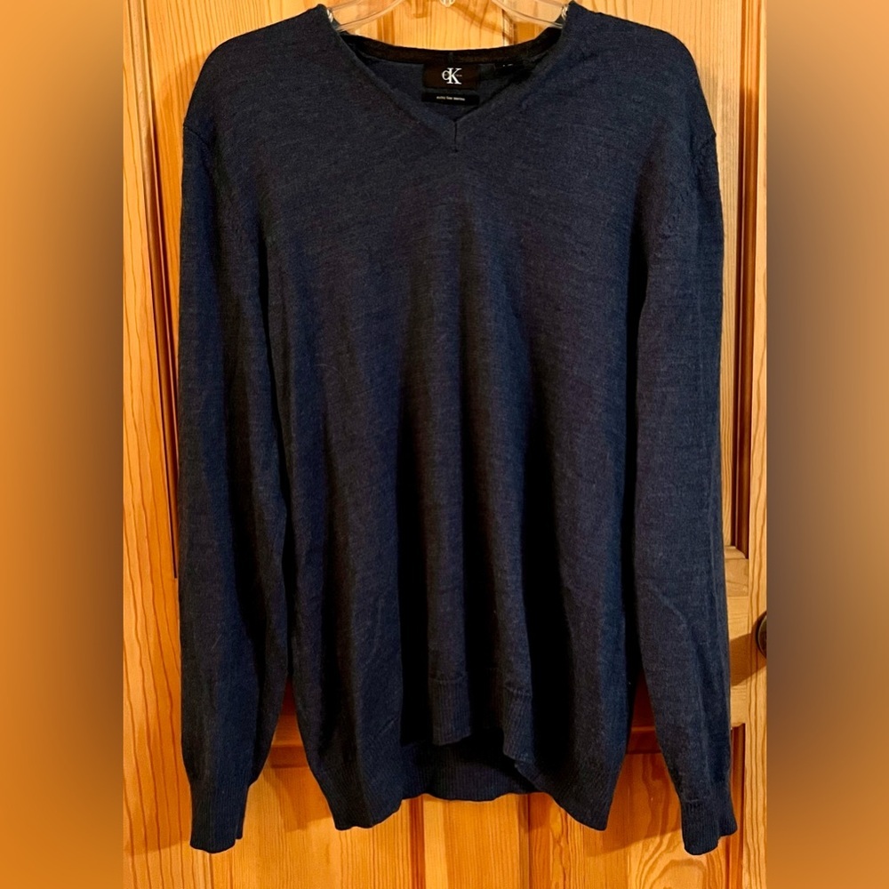 Calvin Klein Men Large Extra Fine Merino Wool Blue V-Neck Pullover Knit Sweater